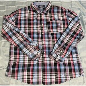 Ecko Unlimited Shirt Adult 2XL Blue Pink Plaid Button Up Long Sleeve Mens